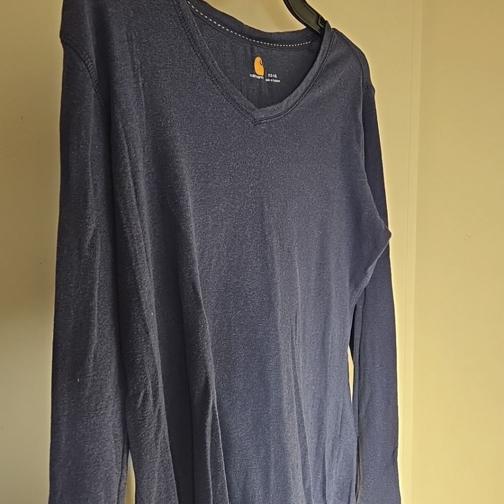 Carhartt Deep Blue V-Neck Long Sleeve L 12-14 In Good Cond.